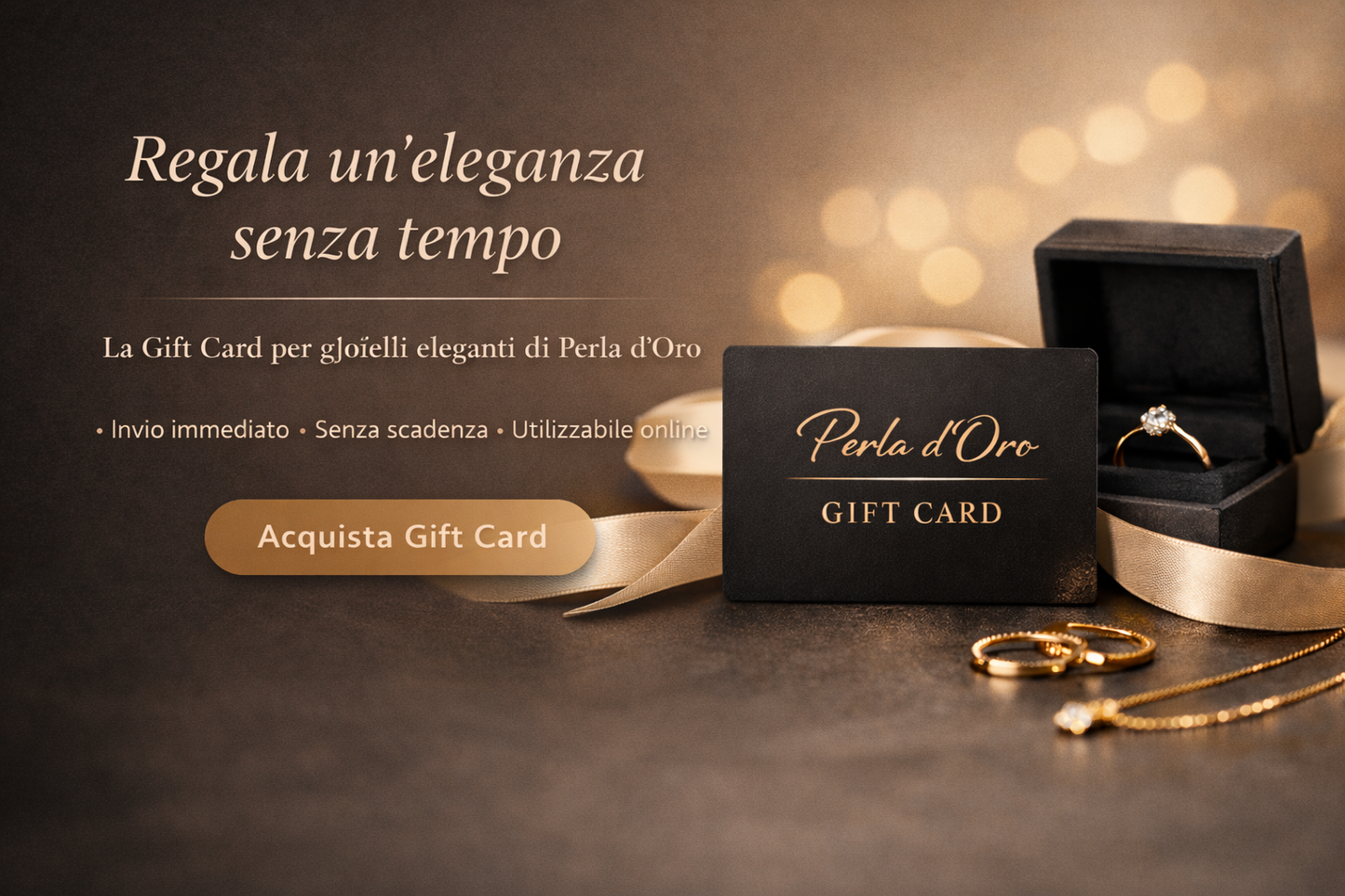 Geschenkgutscheine – Perla d’Oro: schwarze Karte neben Schmuckbox mit Ring.