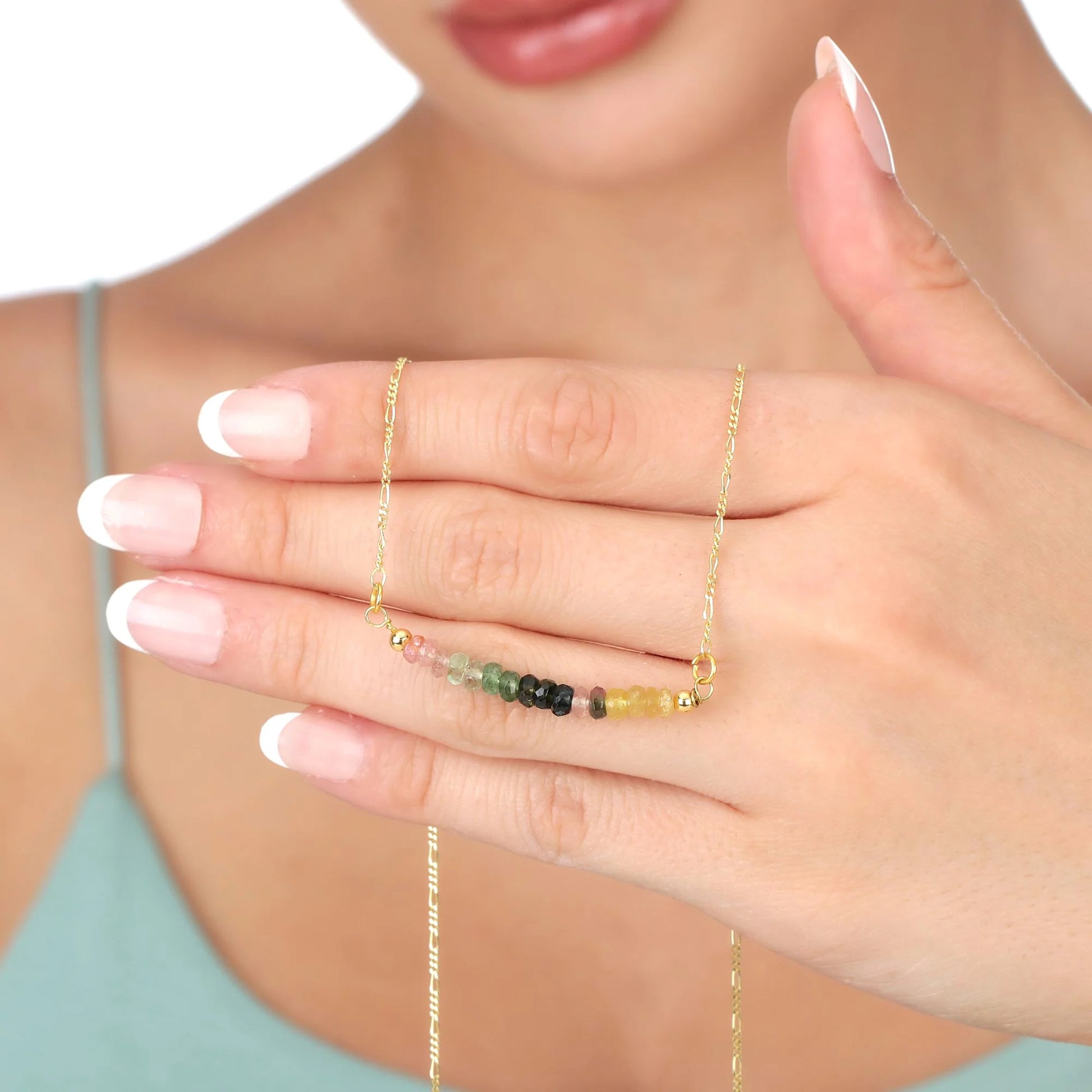 MadamLili Turmalin Edelsteinkette vergoldet aus 925 Silber – handgefertigt in Deutschland, farbverlaufende Turmalin-Kette.
