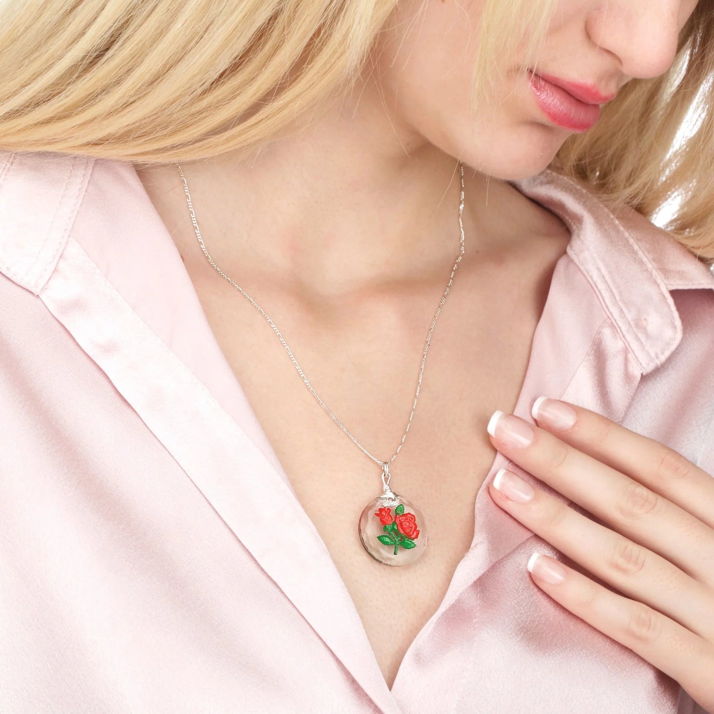 Rose Glas Anhänger mit Kette 925 Silber von MadamLili – Vintage Rose im Glasanhänger, Silberschmuck