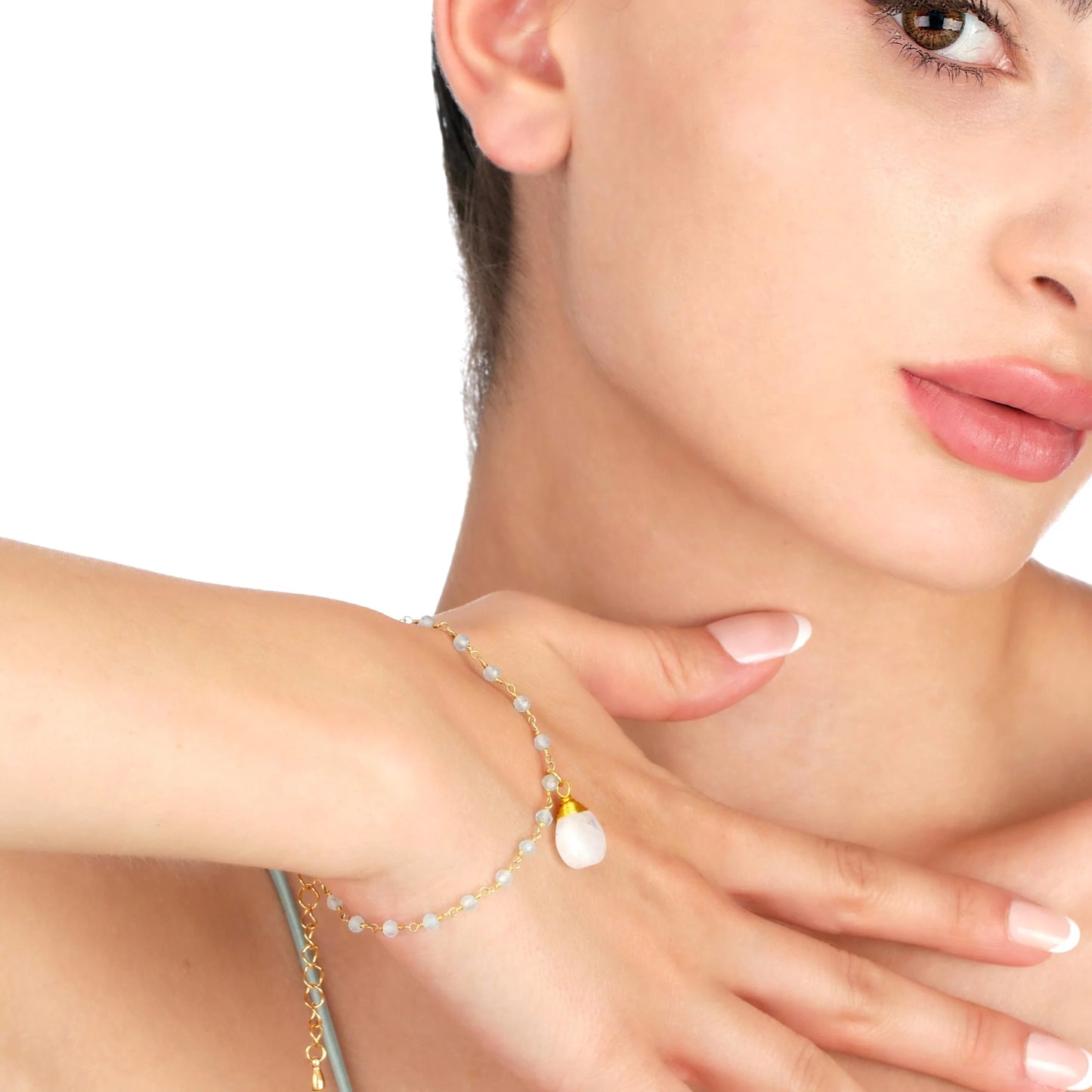 Edelsteinarmband mit Aquamarin & Mondstein Tropfen - Perla d'Oro
