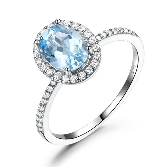 Ovaler Topas Damenring aus 925er Silber mit Nano blue topaz und kubischen Zirkonen, ideal für Frauen. Perla d'Oro