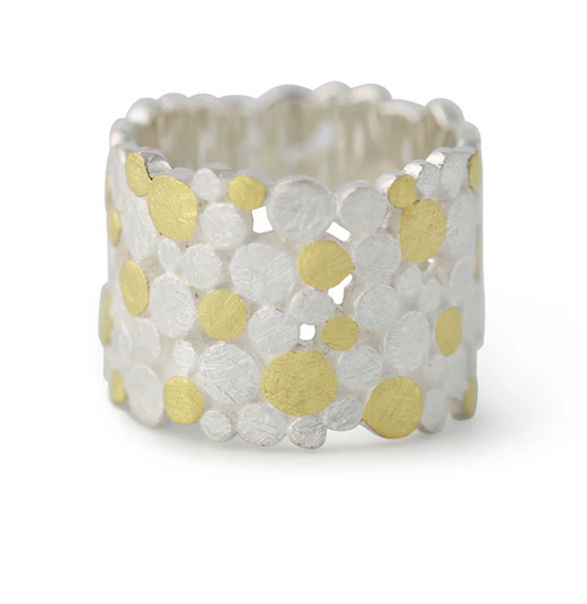 Silberring Constella 16 mm aus 925 Sterlingsilber mit 18kt Gelbgold-Akzenten, Punktdesign einer Sternenkonstellation