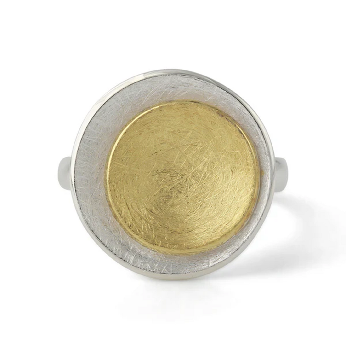 Silberring Solea Argento, 18ct vergoldeter Zentralkreis, matt silberne Fassung, Bicolor-Kontrast.