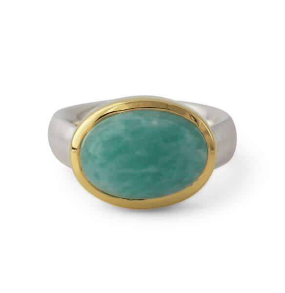 Silberring "Icur" mit 14x10mm Amazonit, 18ct vergoldet - Perla d'Oro