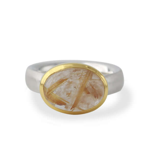 Silberring "Icur" mit 14x10mm Rutilquarz, 18ct vergoldet - Perla d'Oro