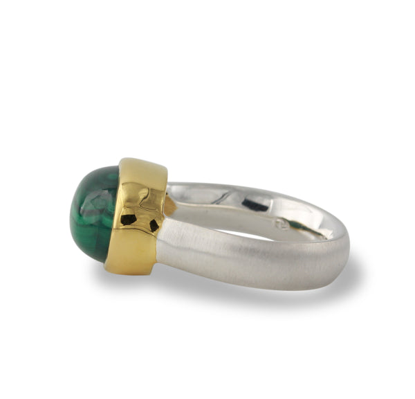 Silberring "Icur" mit 14x10mm Malachit, 18ct vergoldet - Perla d'Oro