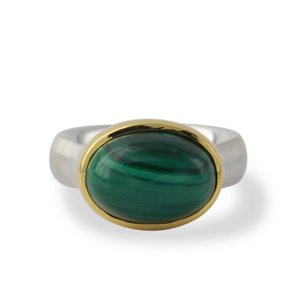 Silberring "Icur" mit 14x10mm Malachit, 18ct vergoldet - Perla d'Oro