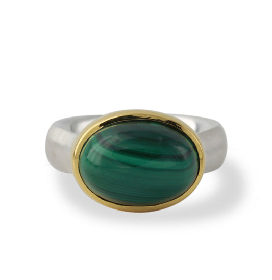 Silberring "Icur" mit 14x10mm Malachit, 18ct vergoldet - Perla d'Oro
