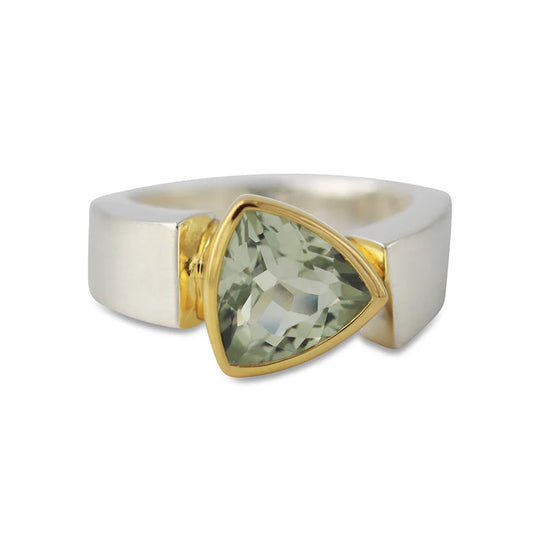 Silberring mit 10mm Prasiolith, 18ct vergoldet - Perla d'Oro