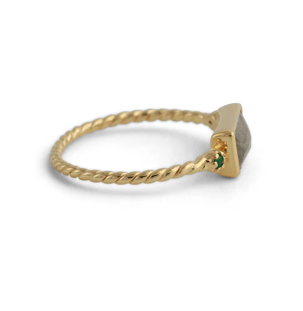 Silberring mit Labradorit & grünem Onyx, 18ct vergoldet, gedrehte Ringschiene, handgefertigt.