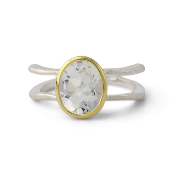 Silberring mit 8x10mm Bergkristall, 18ct vergoldet - Perla d'Oro