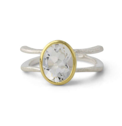 Silberring mit 8x10mm Bergkristall, 18ct vergoldet - Perla d'Oro