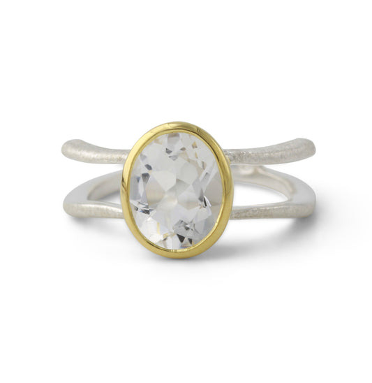 Silberring mit 8x10mm Bergkristall, 18ct vergoldet - Perla d'Oro