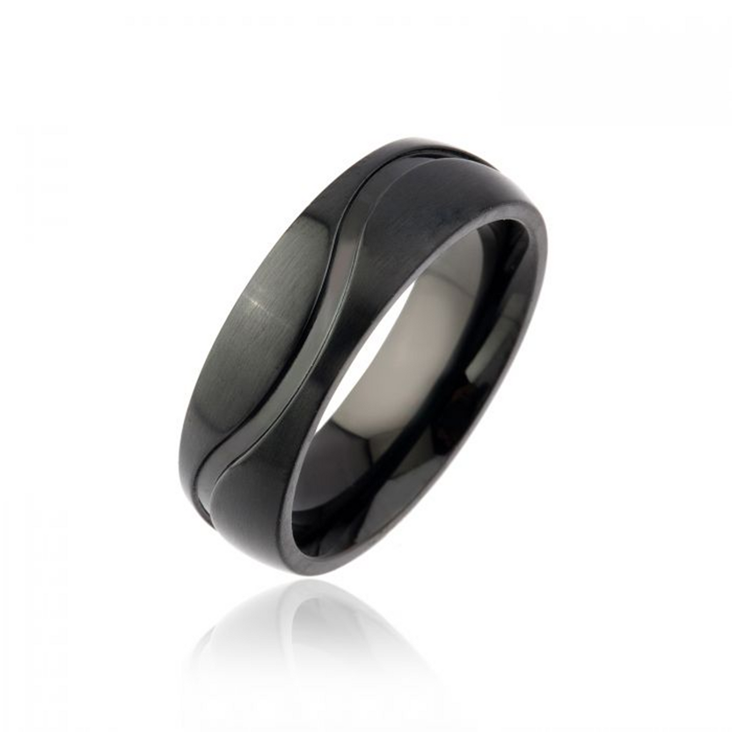 Ring Noctis aus schwarzem Edelstahl, sanft abgerundete Form, minimalistisches modernes Design