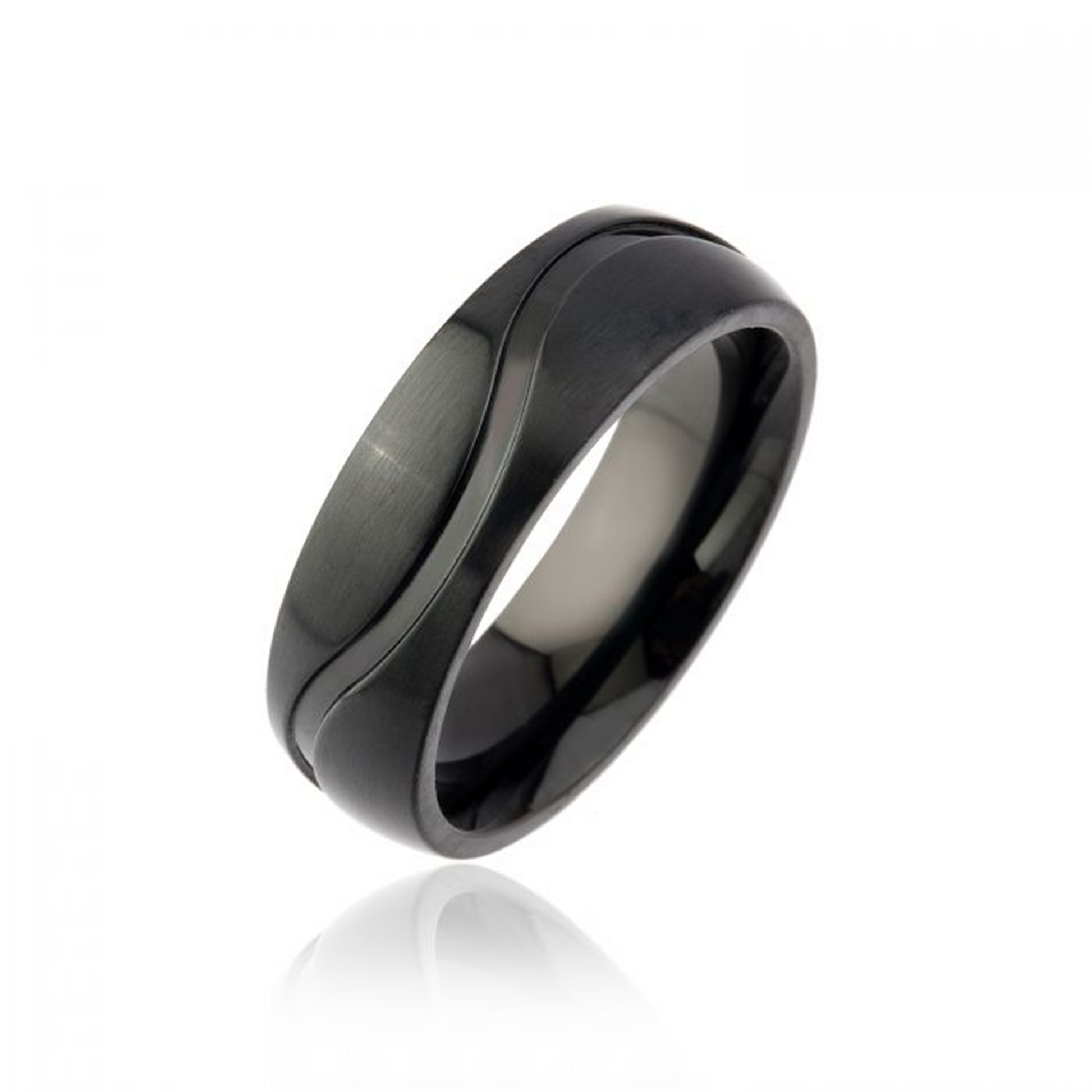 Ring Noctis aus schwarzem Edelstahl, sanft abgerundete Form, minimalistisches modernes Design
