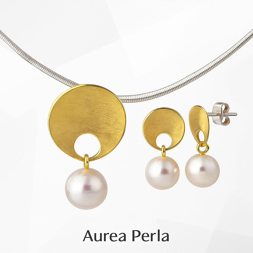 Schmuck Set Aurea Perla: vergoldetes Silber, Süßwasserperle, Halskette und Ohrringe im modernen Design.