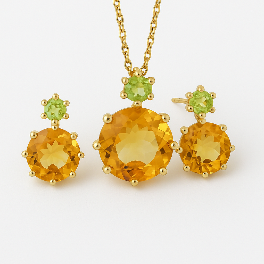 Schmuck Set Citrin & Peridot: Halskette und Ohrringe mit Citrin & Peridot in 18ct vergoldetem 925er Silber.