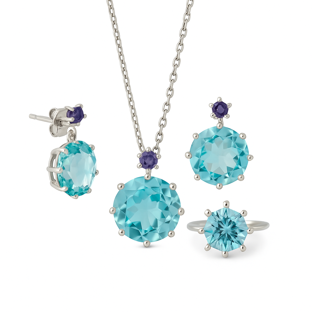 Schmuck Set Topas & Iolith – Halskette, Ohrringe, Ring mit Topas und Iolith in 925er Sterling-Silber.