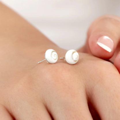 Zwei Muschel-Ohrstecker aus 925er Silber auf Silberbasis mit echten Shiva Eye Muscheln, handgefertigt in Deutschland