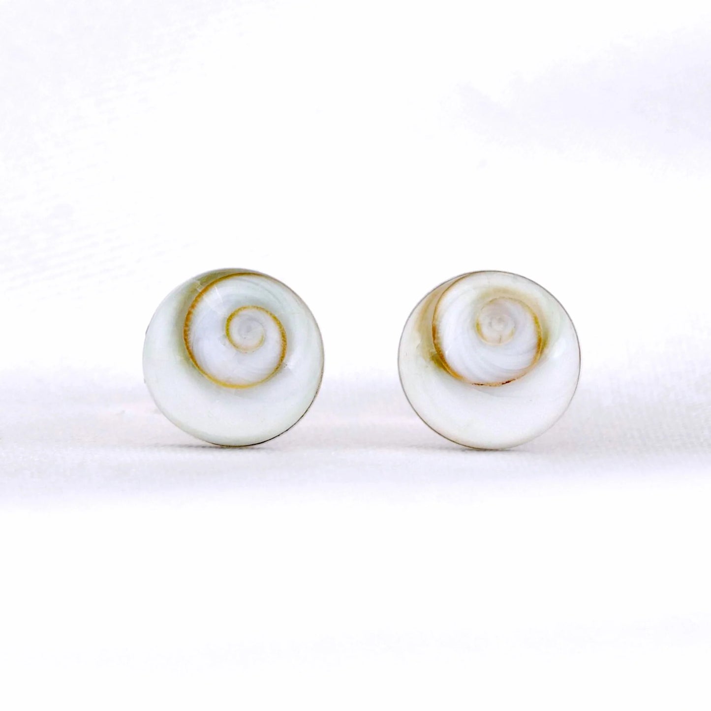 Paar Muschel-Ohrstecker aus 925er Silber mit Shiva Eye Muscheln, handgefertigt in Deutschland.