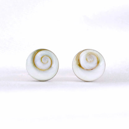 Paar Muschel-Ohrstecker aus 925er Silber mit Shiva Eye Muscheln, handgefertigt in Deutschland.
