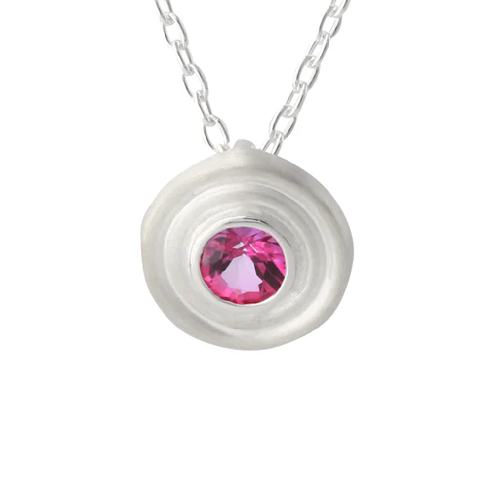 Silberanhänger mit Pink Topas – kreisförmiger Anhänger mit pinkem Stein an Silberkette