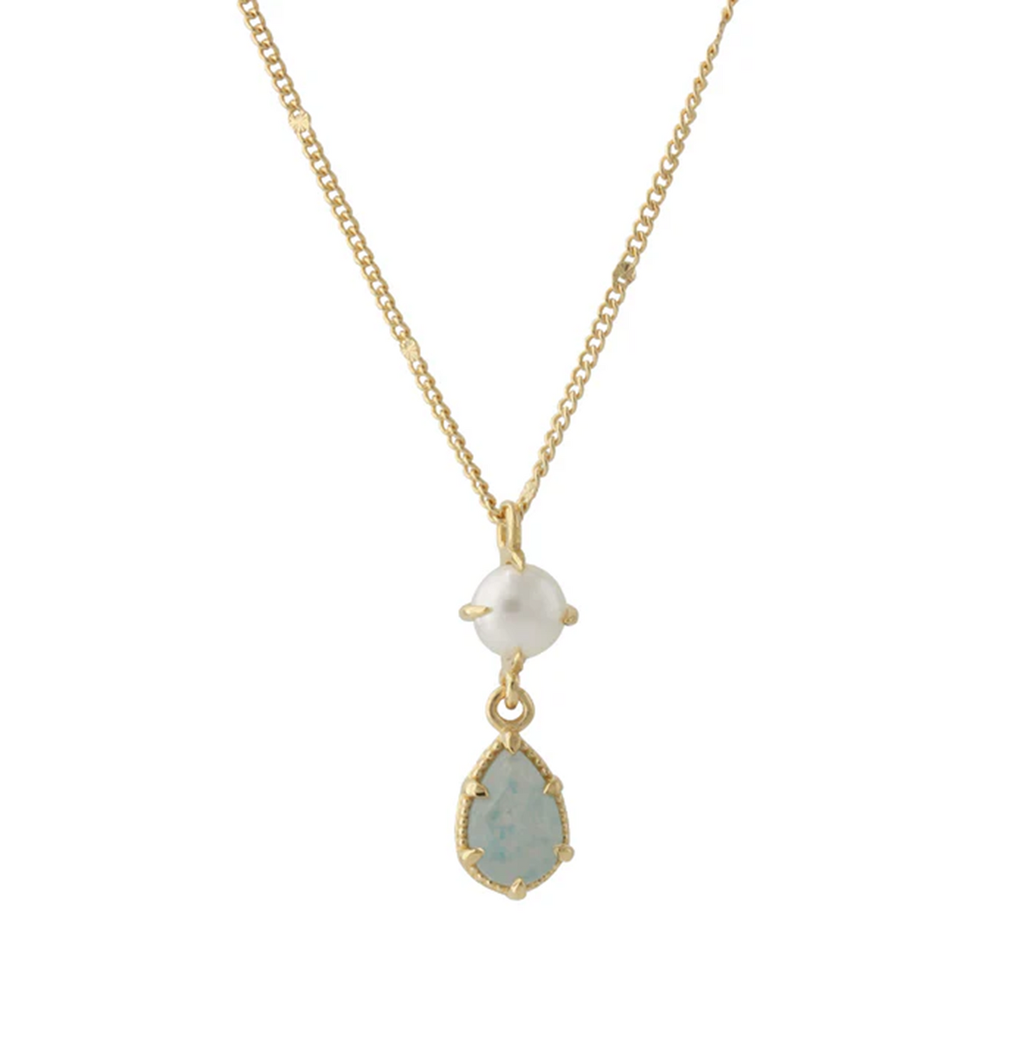 Silbercollier Blauquarz & Perle, 18ct vergoldet: feine Goldkette mit Perle und blauem Quarz-Tropfenanhänger