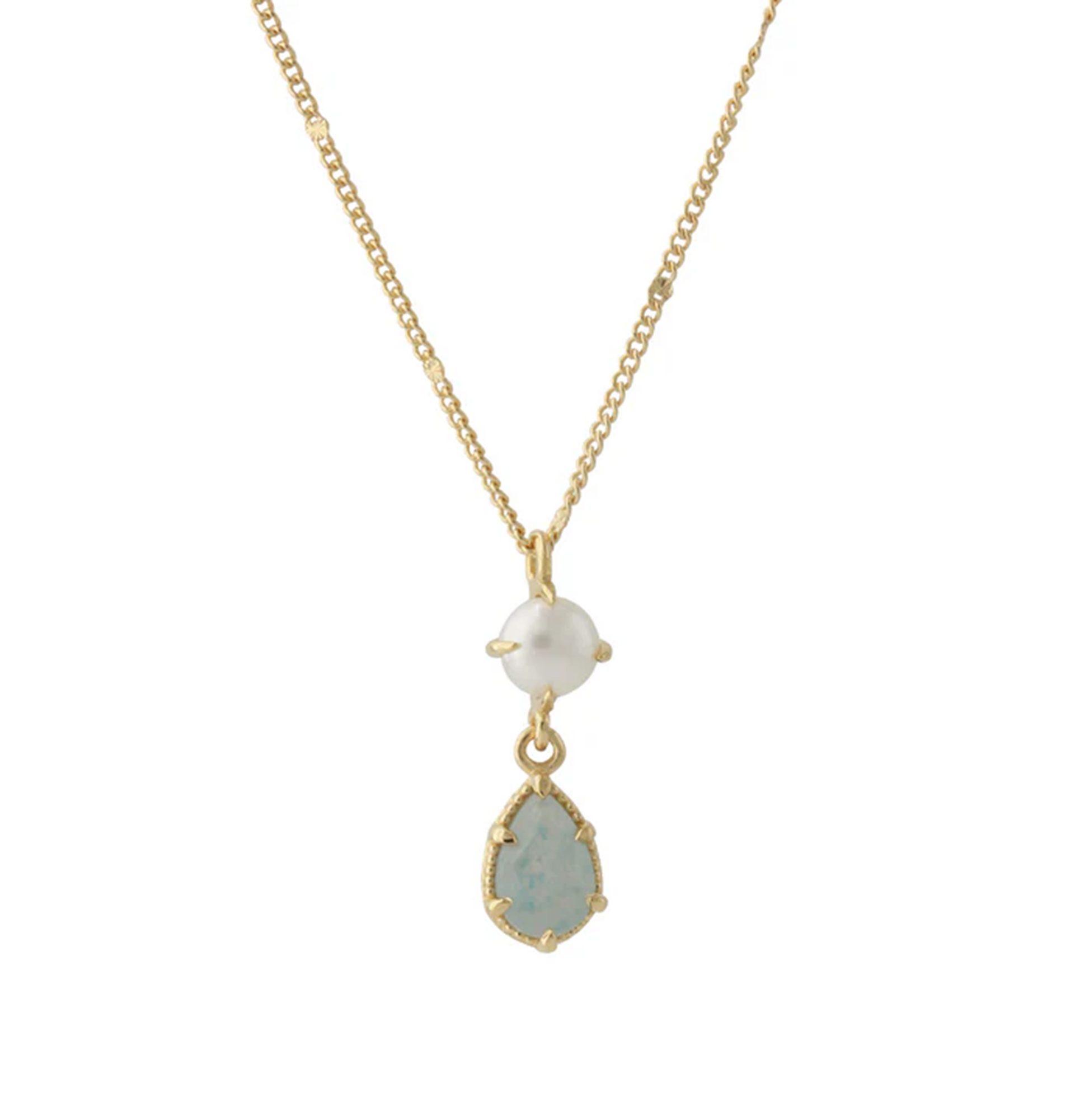 Silbercollier Blauquarz & Perle, 18ct vergoldet: feine Goldkette mit Perle und blauem Quarz-Tropfenanhänger