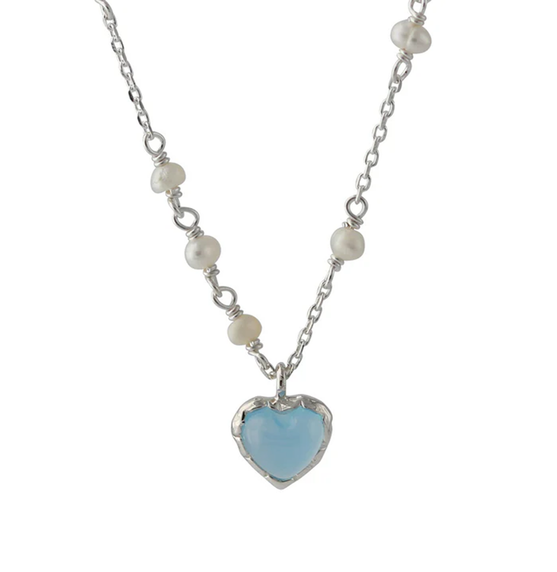Silbercollier Chalcedon und Süßwasserperlen mit herzförmigem blauem Chalcedon-Anhänger und Perlenkette