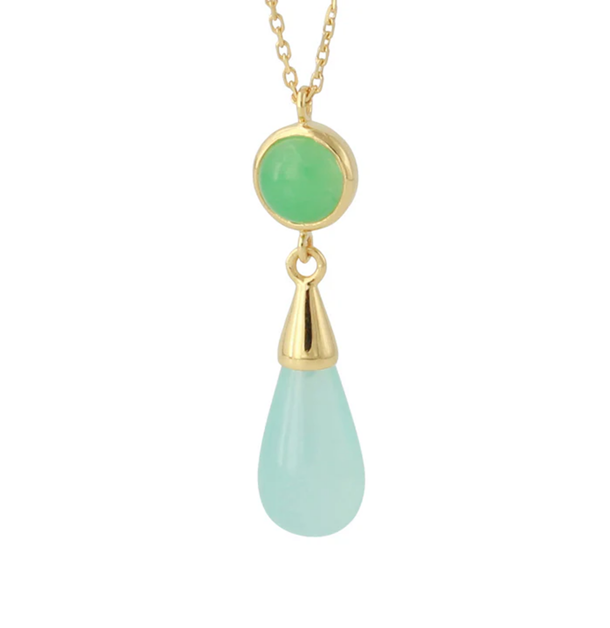 Silbercollier mit grünem Chrysopras-Rundstein und blauem Chalcedon-Tropfenanhänger, 18ct vergoldet