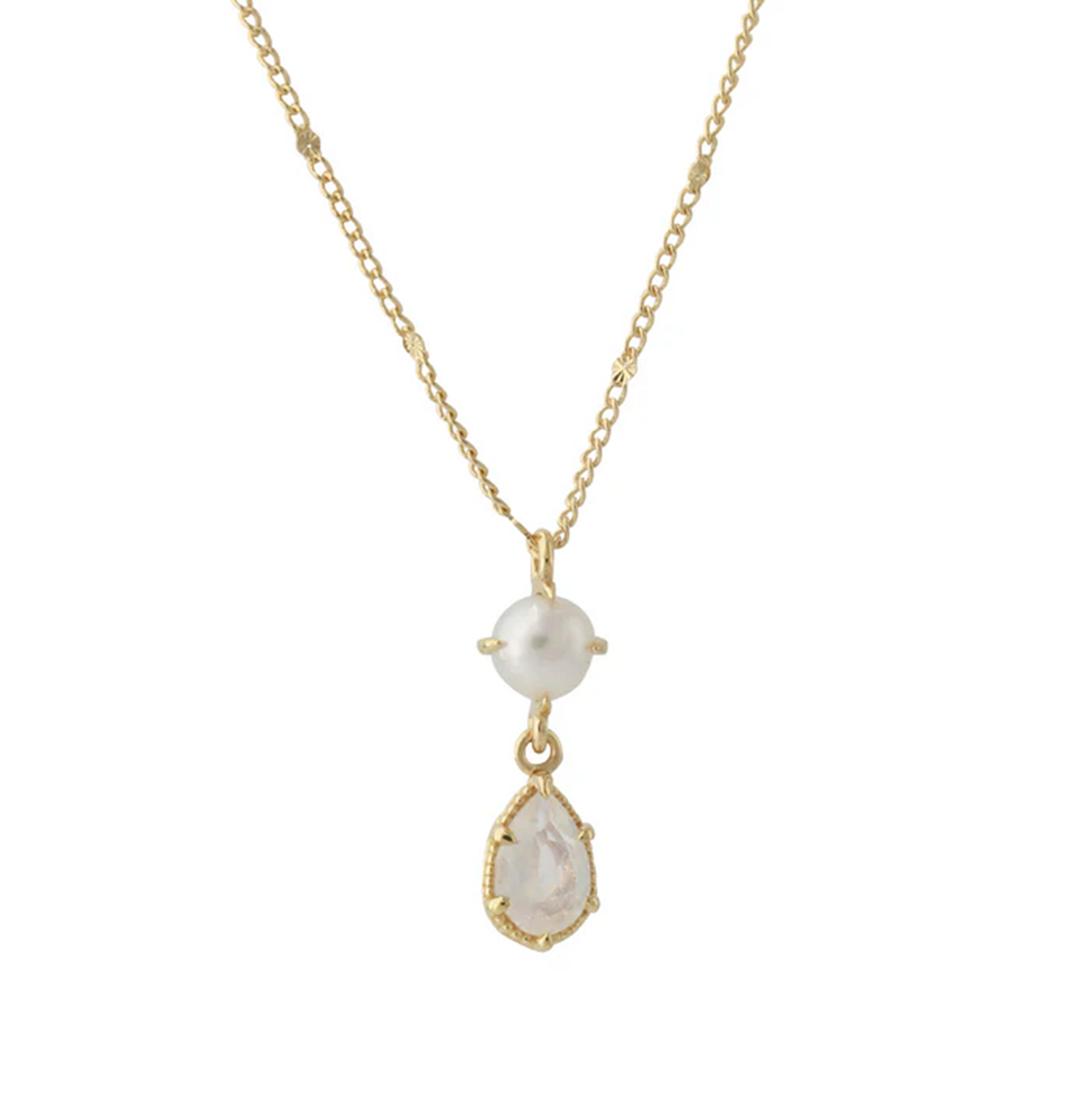 Silbercollier Lunessa – Halskette aus 18ct vergoldet mit Mondstein- und Süßwasserperle-Anhänger.