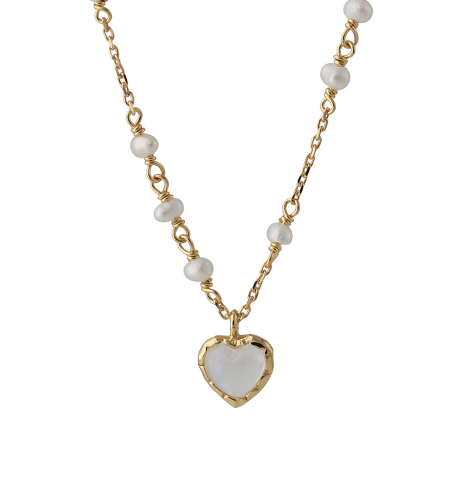 Silbercollier Mondstein & Süßwasserperlen, 18ct vergoldet – herzförmiger Mondsteinanhänger mit Perlenkette