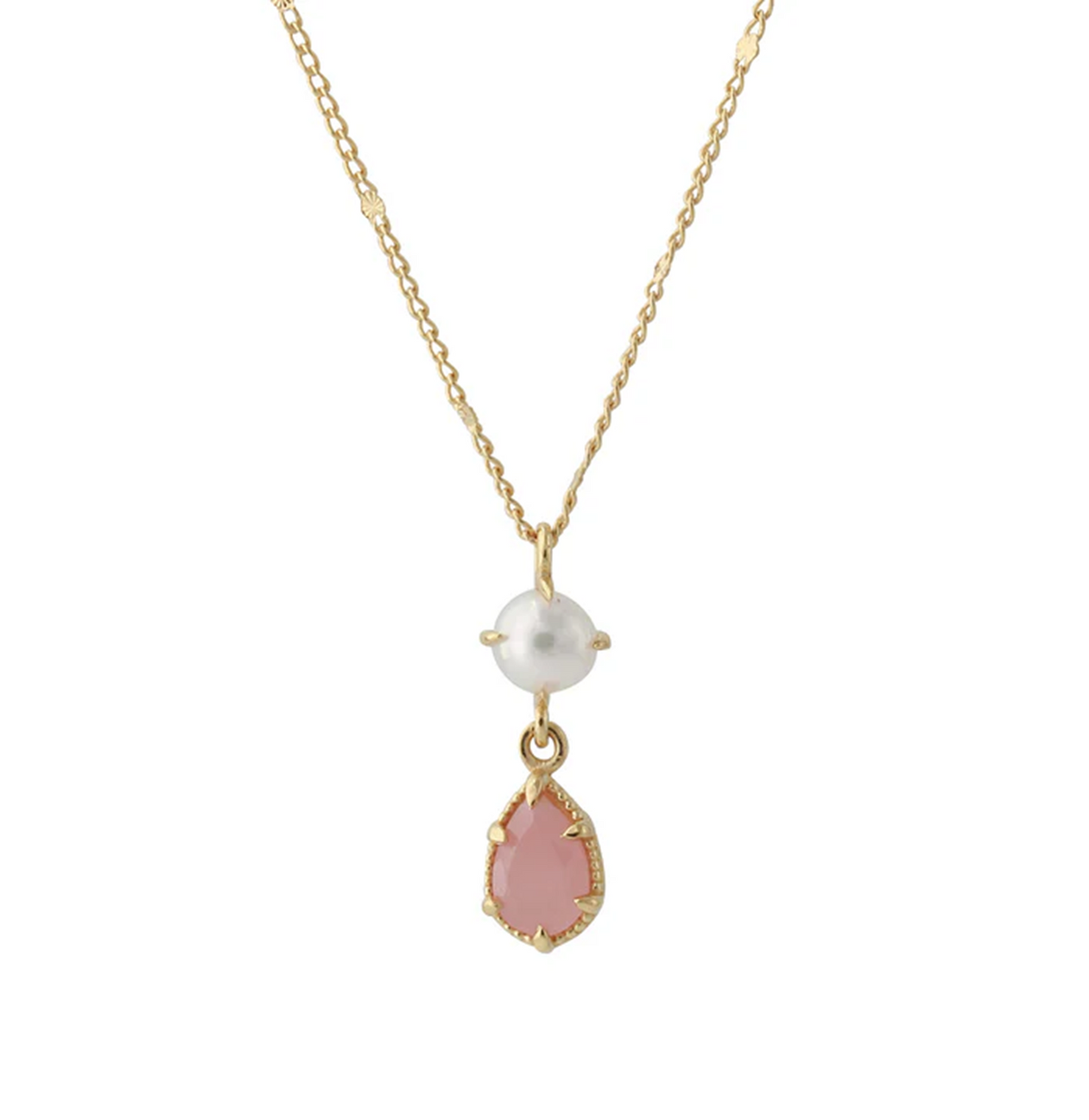 18ct vergoldete Kette mit Rosenquarz- und Perlenanhänger – zarte Eleganz