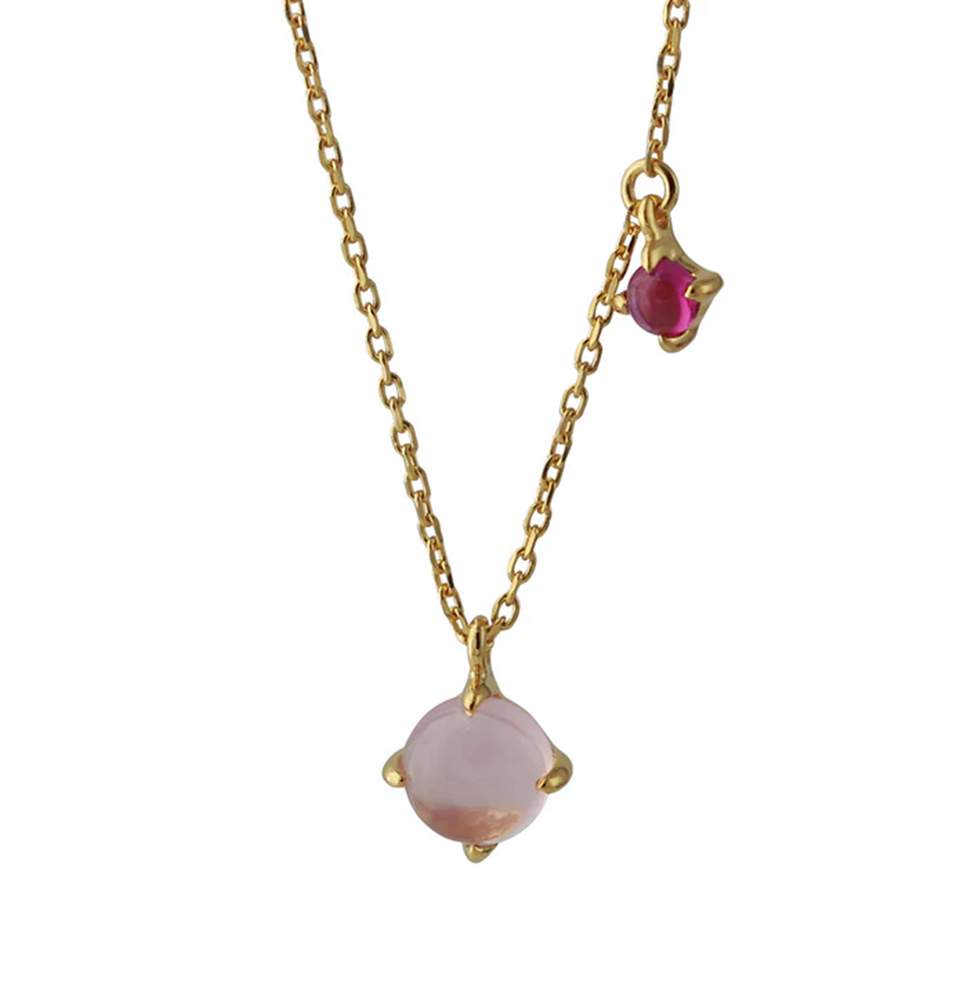 Silbercollier mit Rosenquarz-Hauptanhänger und Rhodolith-Akzent, 18ct vergoldet.