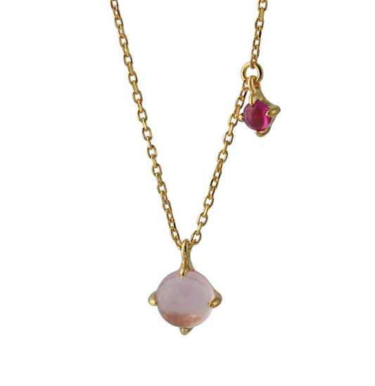 Silbercollier mit Rosenquarz-Hauptanhänger und Rhodolith-Akzent, 18ct vergoldet.