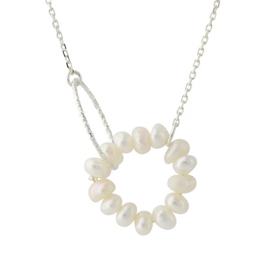 Silbercollier mit Süßwasserperlen, kreisförmiger Anhänger aus 925 Sterlingsilber