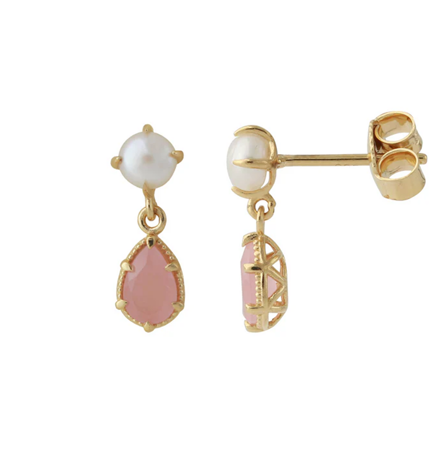 Silberohrstecker Rosenquarz und Perle, 18ct vergoldet; rosafarbene Rosenquarz-Tropfen mit Süßwasserperle