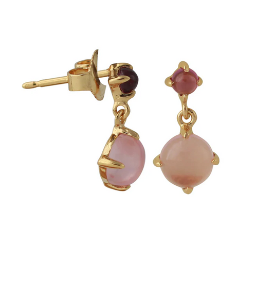 Silberohrstecker Rosenquarz und Rhodolith, 18ct vergoldet - rosa Edelsteine in Goldfassung