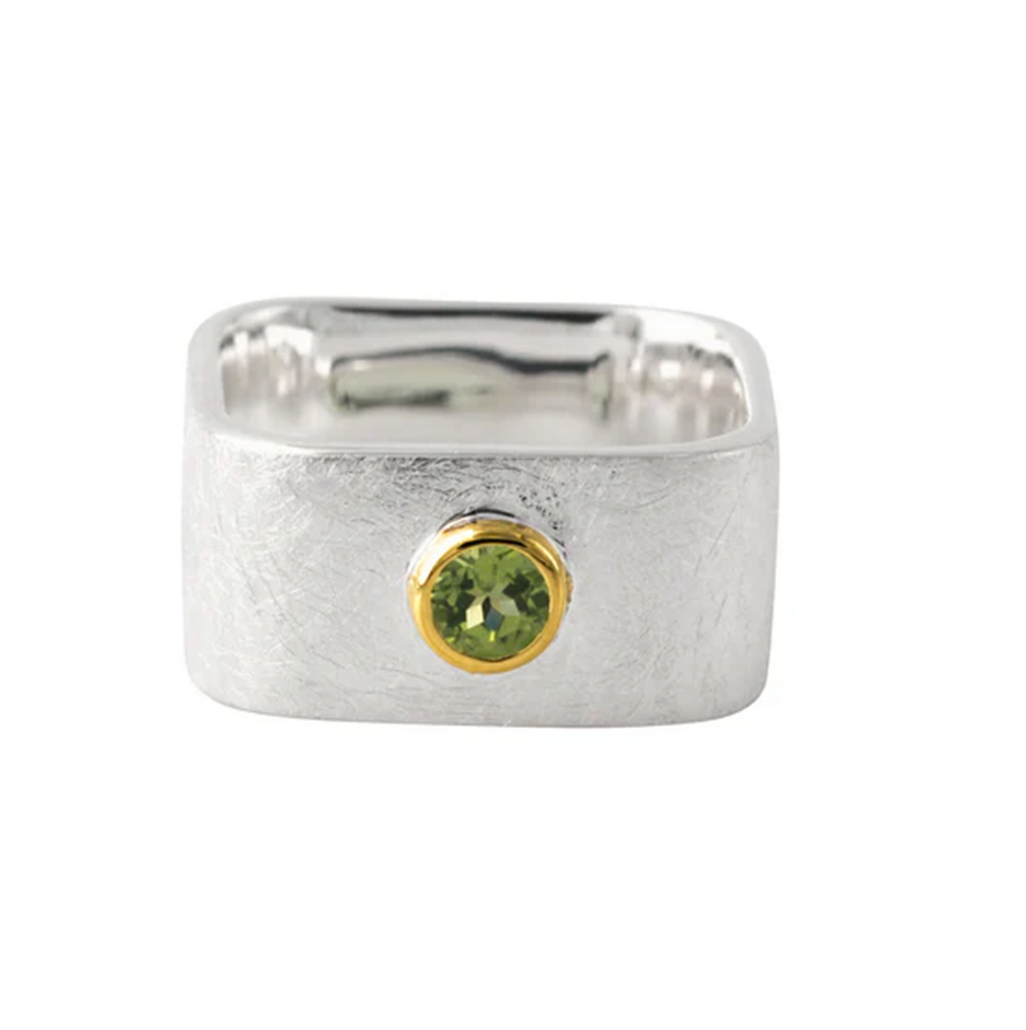 Silberring 925 mit grünem Peridot, 18k vergoldete Fassung, handgefertigt in Deutschland