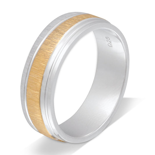 Silberring Calma: zweifarbiger Ring aus 925er Silber mit goldener, gebürsteter Mittelbahn, Unisex.