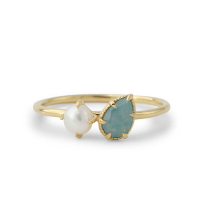 Silberring mit Blauquarz-Tropfen und Süßwasserperle, 18ct vergoldet