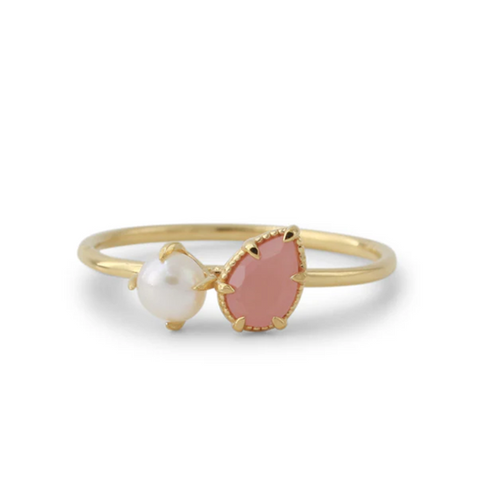 Silberring mit Rosenquarz und Süßwasserperle, 18ct vergoldet