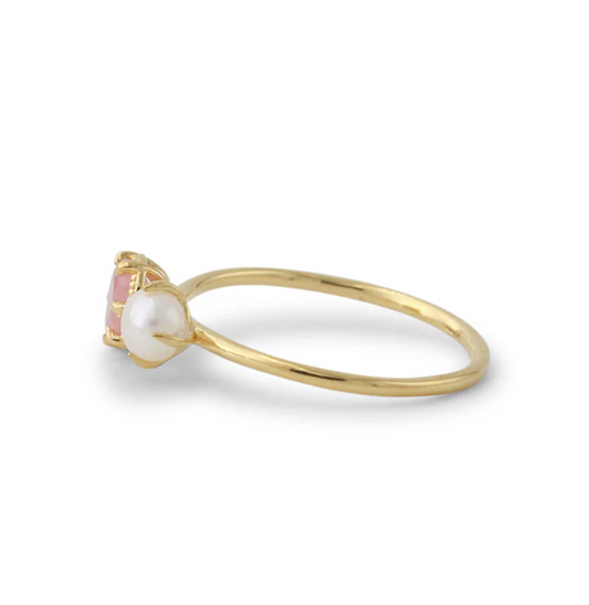 Silberring mit Rosenquarz und Perle, 18ct vergoldet – zarte roséfarbene Steine und Süßwasserperle.