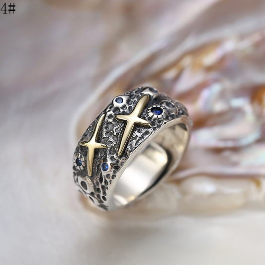 Silberring mit Saphir & Zirkonia in Doppelstern Motiv - Perla d'Oro