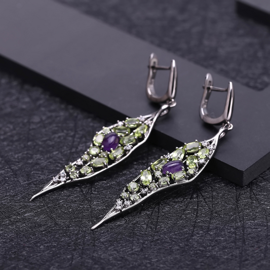 Vintage Tropfenohrringe mit Amethyst und Peridot aus Sterlingsilber - Perla d'Oro #