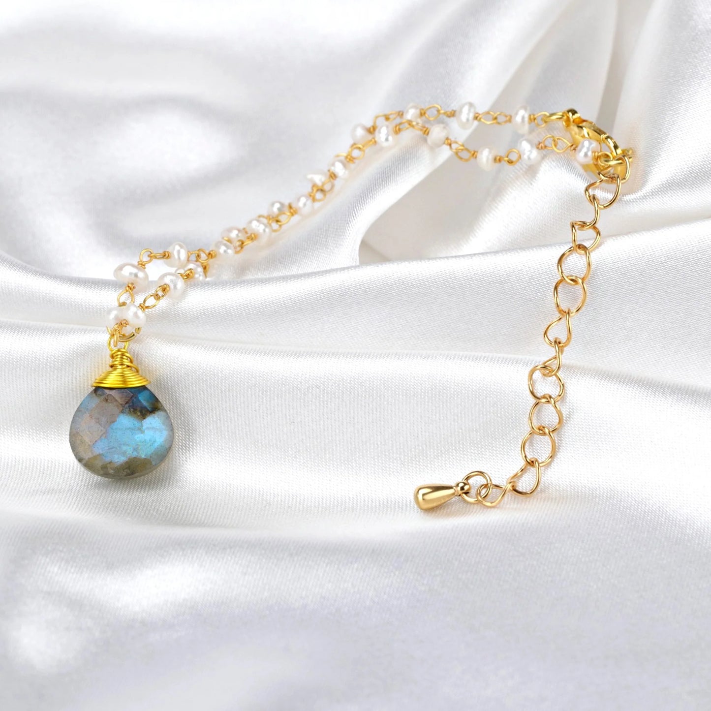 Edelsteinarmband mit Süßwasserperle & Labradorit Tropfen - Perla d'Oro