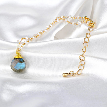 Edelsteinarmband mit Süßwasserperle & Labradorit Tropfen - Perla d'Oro