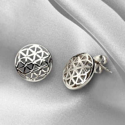 Blume des Lebens Ohrstecker aus 925 Sterling Silber, filigranes geometrisches Muster, handgefertigt.