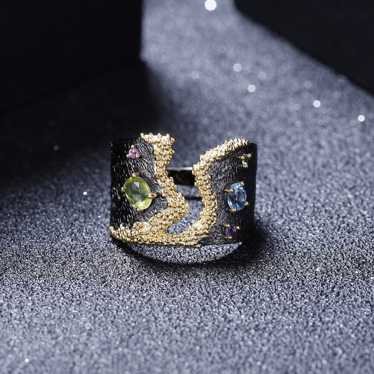 Vintage Court Stil 18K Vergoldeter Edelsteinring aus Sterlingsilber mit Himmelblauem Topas und Amethyst - Perla d'Oro #