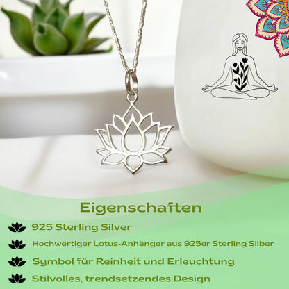 925er Silberkette mit Lotus Anhänger, handgefertigt in Deutschland, 50 cm Kette, MadamLili